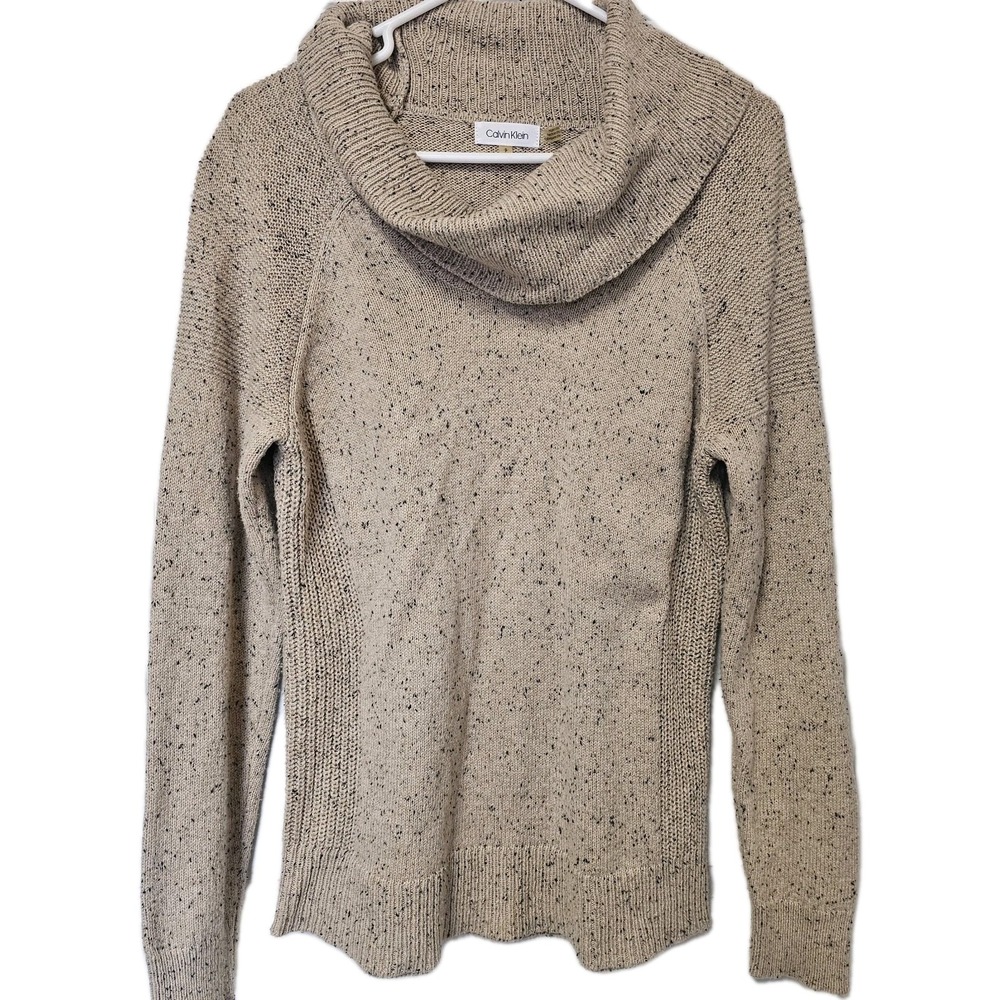 Calvin Klein Turtleneck Knit Sweater Size Small Cotton Blend Beige Speckled EUC